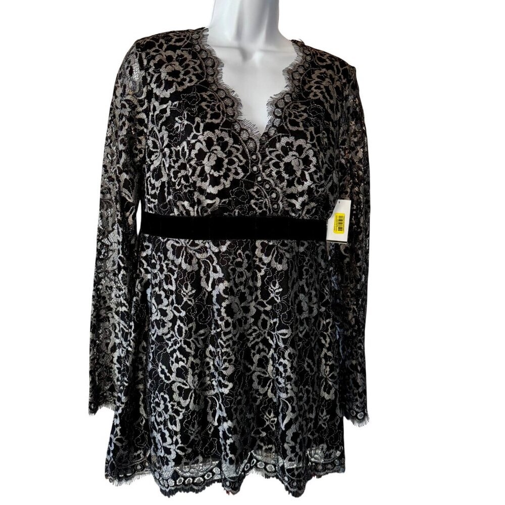 Kay Celine Black Lace Long Sleeve Dress with Velvet Waistband Medium NWT NEW